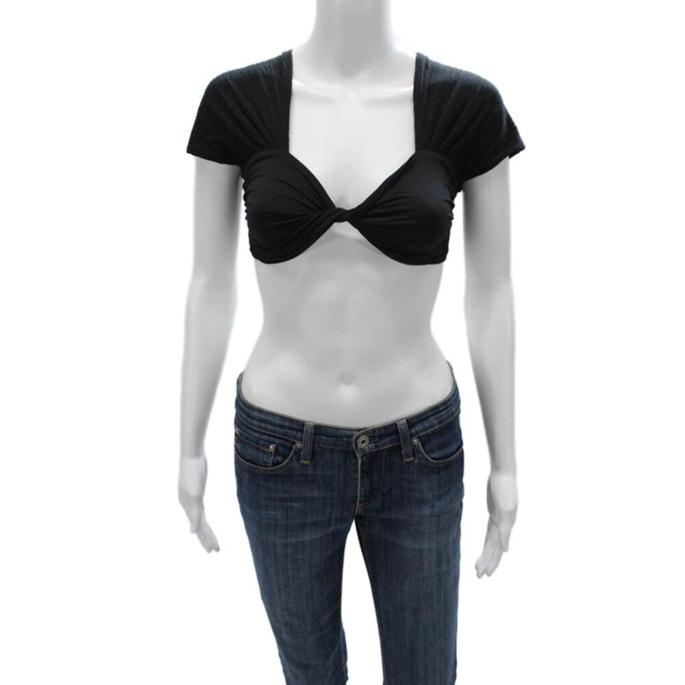 Nonchalant Label Womens Black Cropped Nylon V-Neck Short Sleeve Blouse Size S